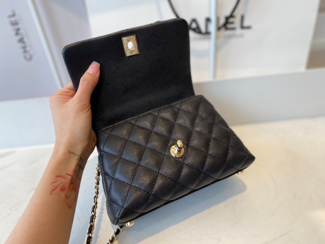 Ch**el extra mini coco handle bag grained leather black as2215 13 × 19 × 9 cm
