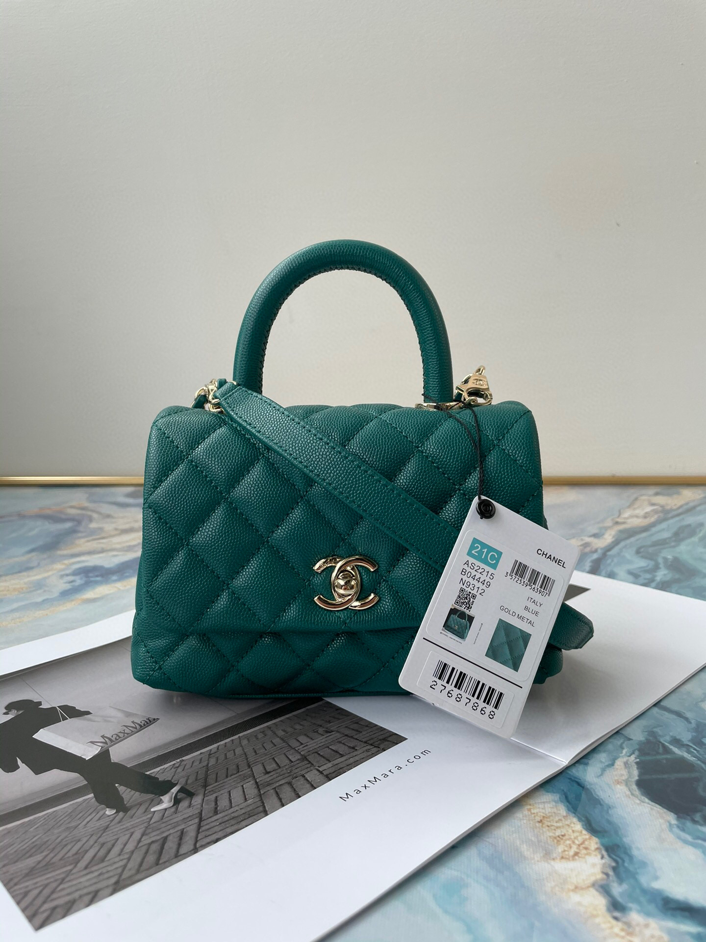Ch**el extra mini coco handle bag grained leather castleton green as2215 13 × 19 × 9 cm