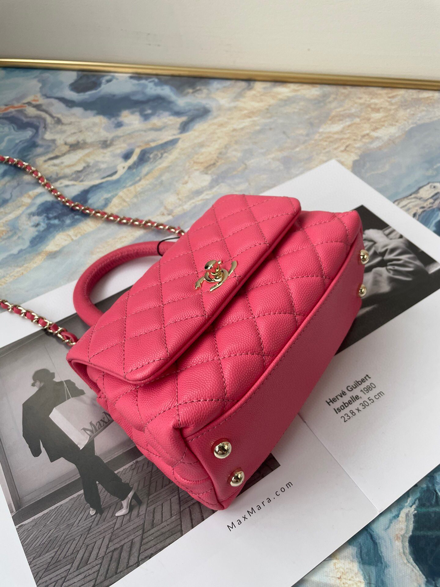 Ch**el extra mini coco handle bag grained leather dark pink as2215 13 × 19 × 9 cm