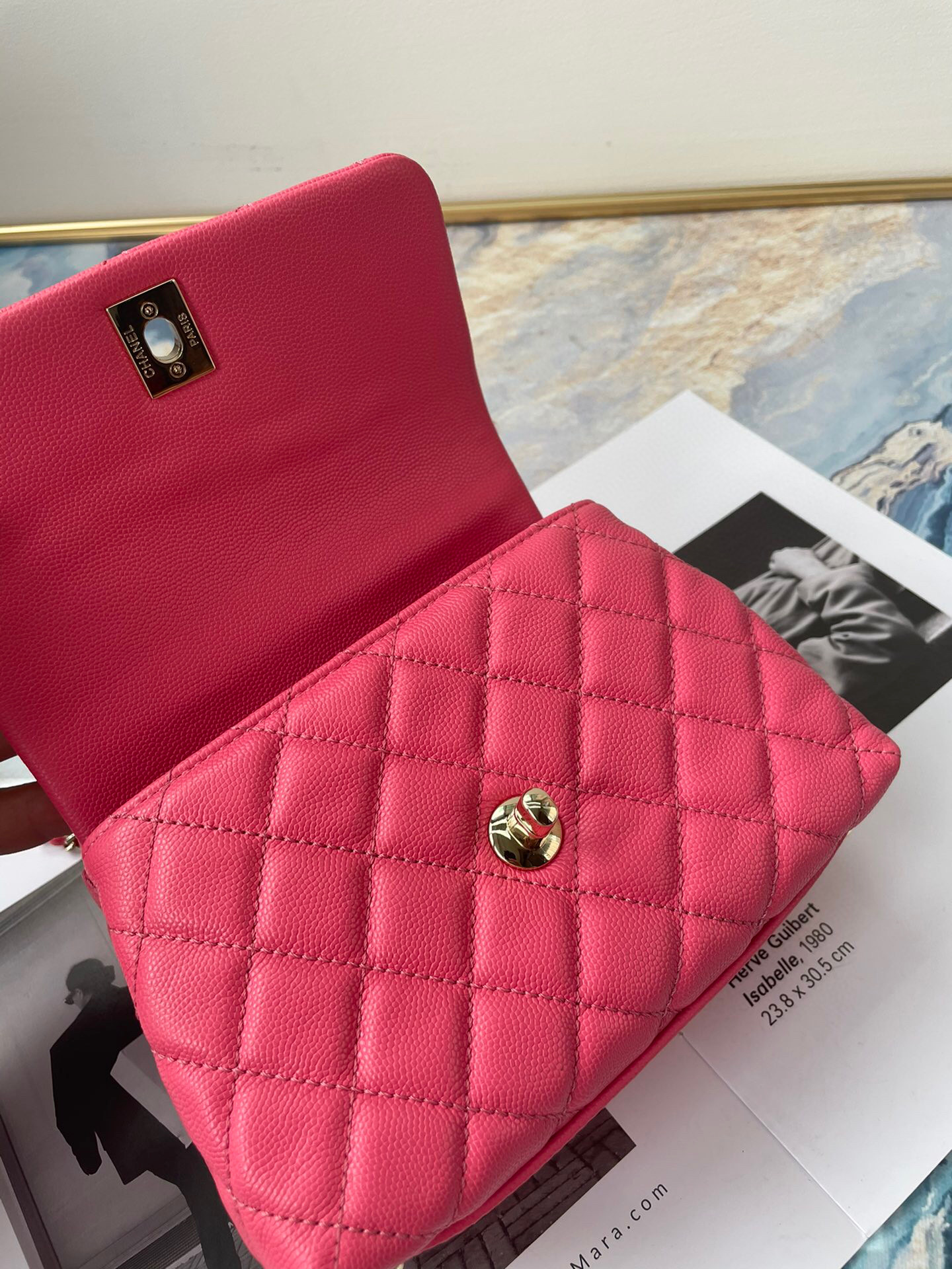 Ch**el extra mini coco handle bag grained leather dark pink as2215 13 × 19 × 9 cm