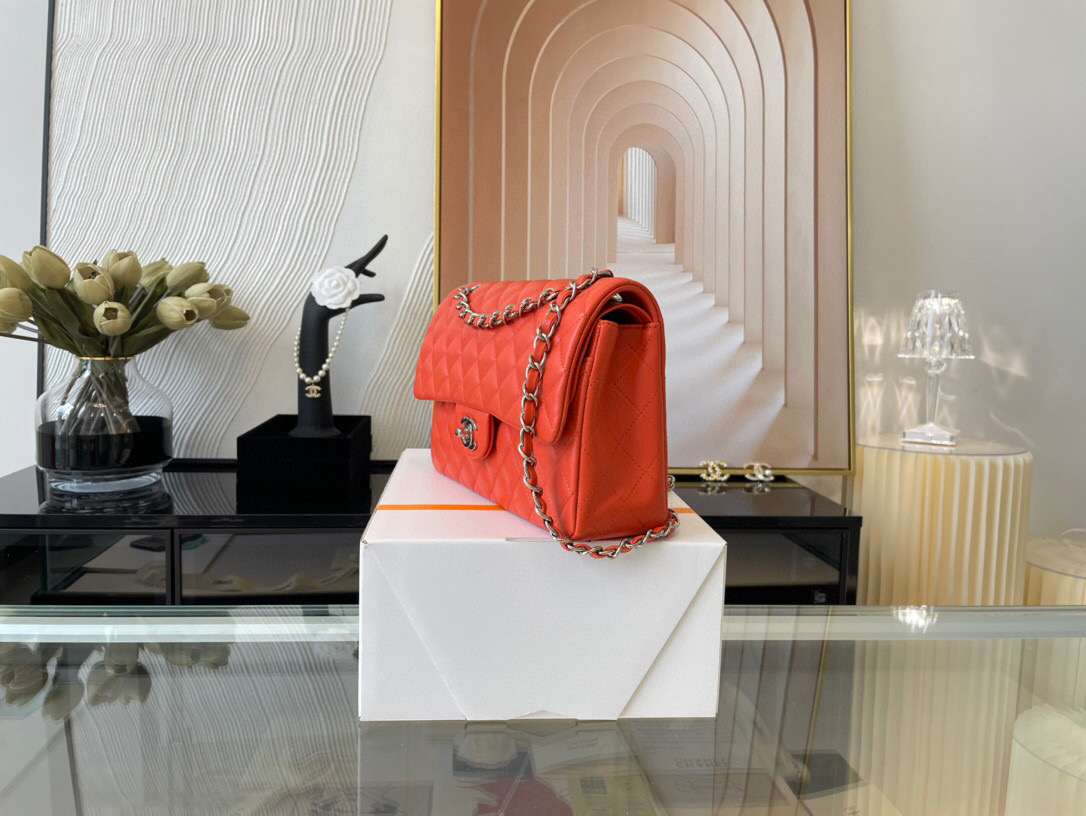 Ch**el classic double flap bag lambskin orange a01112 25.5 cm