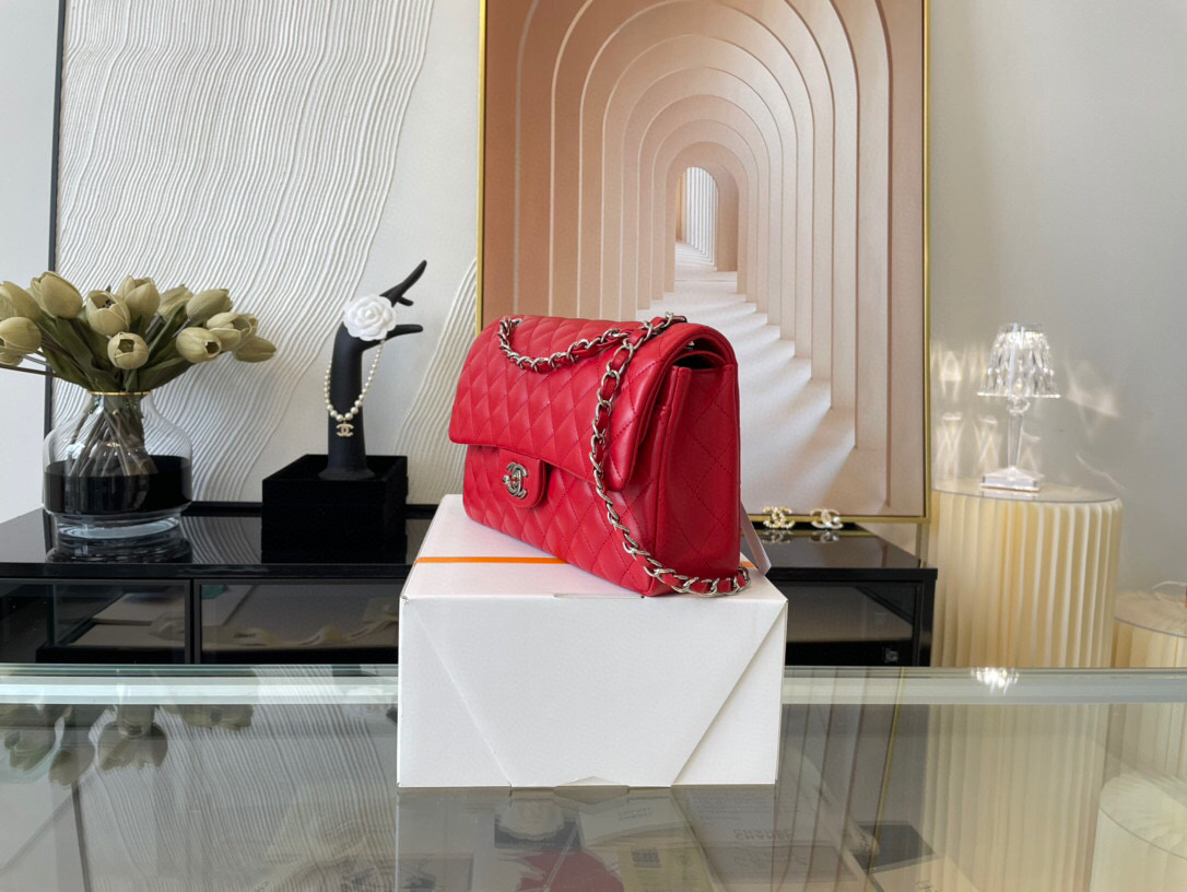 Ch**el classic double flap bag lambskin red a01112 25.5 cm