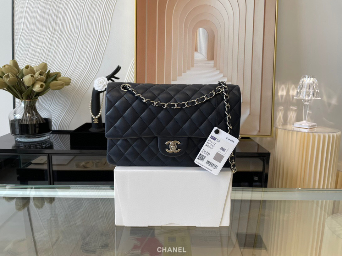 Ch**el classic flap bag black lambskin sliver chain a01112 25.5cm