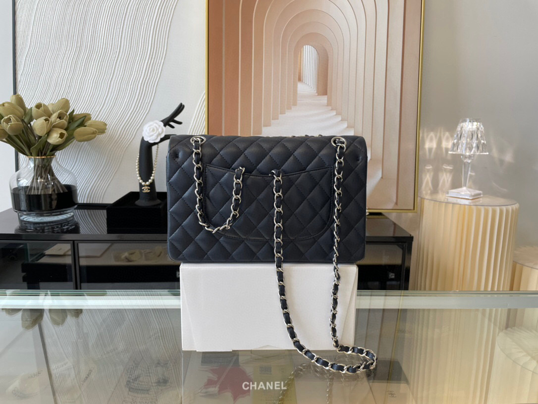 Ch**el classic flap bag black lambskin sliver chain a01112 25.5cm