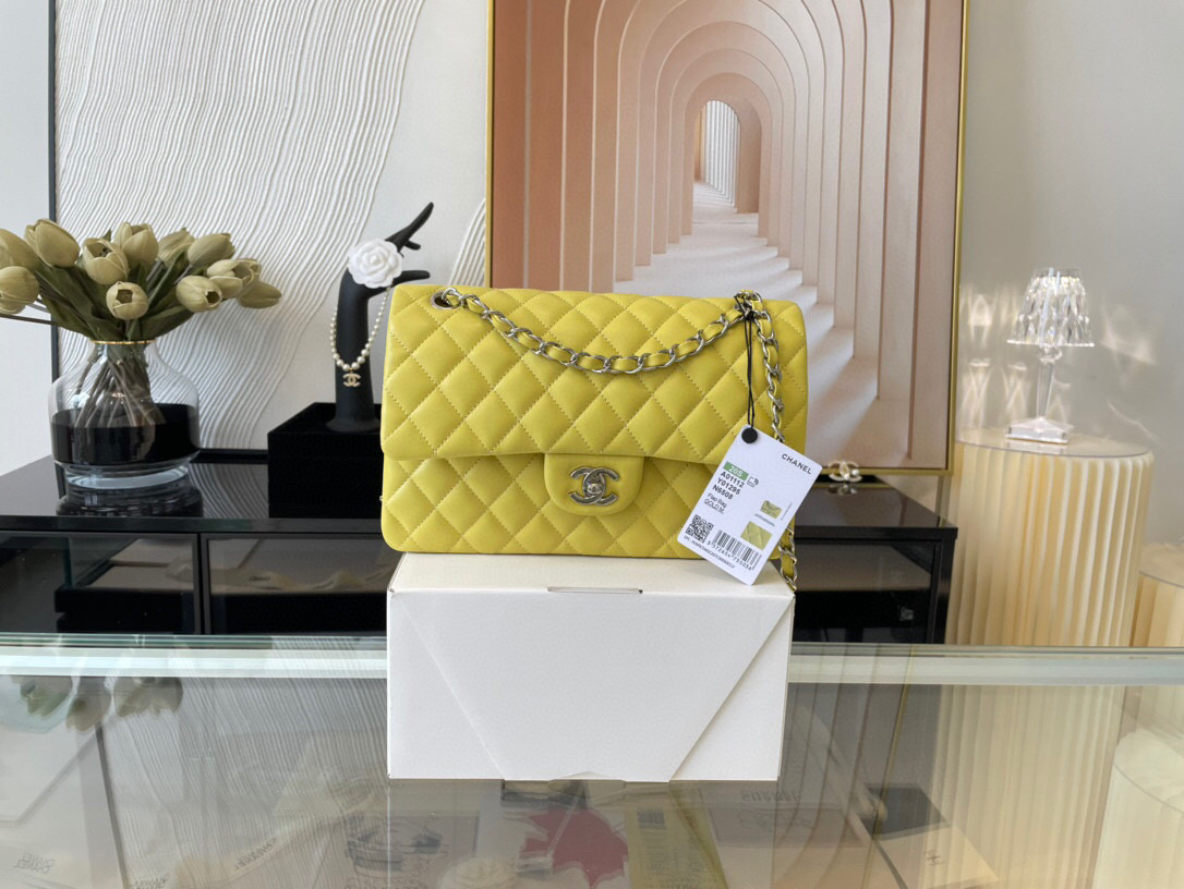 Ch**el classic flap bag yellow lambskin sliver chain a01112 25.5cm