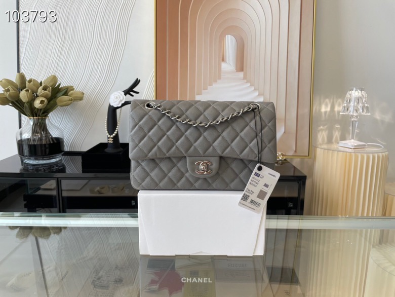 Ch**el classic flap bag grey caviar leather sliver chain a01112 25.5cm