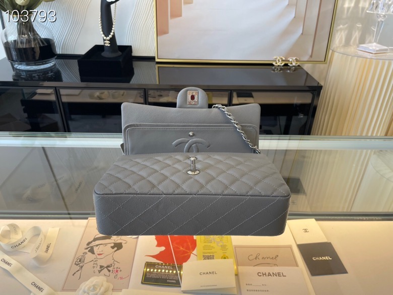 Ch**el classic flap bag grey caviar leather sliver chain a01112 25.5cm