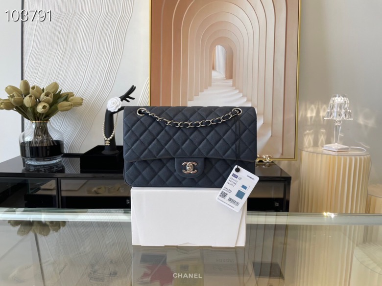 Ch**el classic flap bag black caviar leather sliver chain a01112 25.5cm