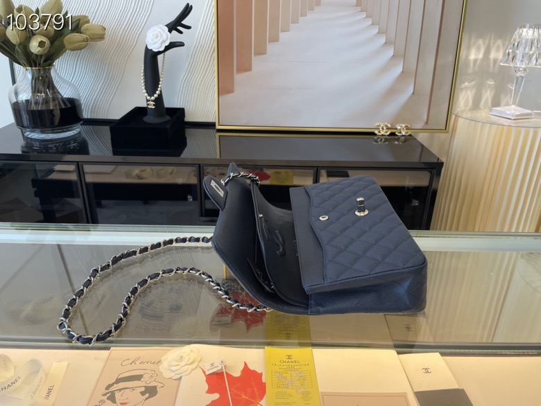 Ch**el classic flap bag black caviar leather sliver chain a01112 25.5cm