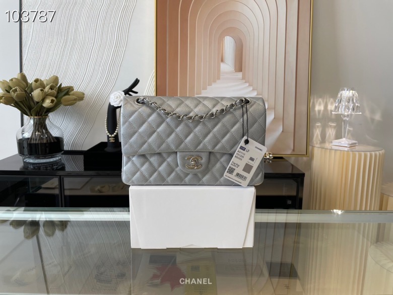 Ch**el classic flap bag light grey caviar leather sliver chain 25.5cm