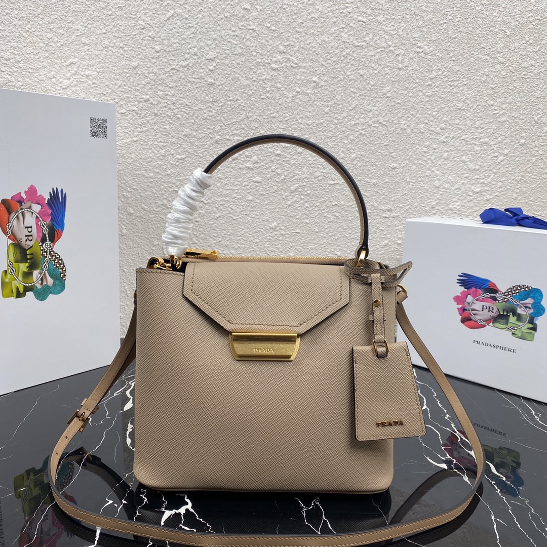 Pra*a saffiano leather tote beige 1bn012 24 × 20 × 12.4 cm