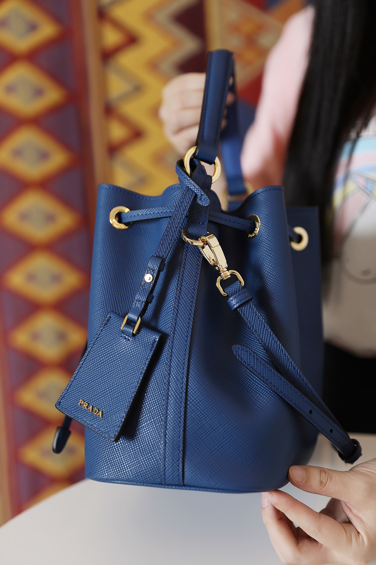 Pra*a saffiano leather bucket bag blue 1be032 22 × 22 × 14 cm