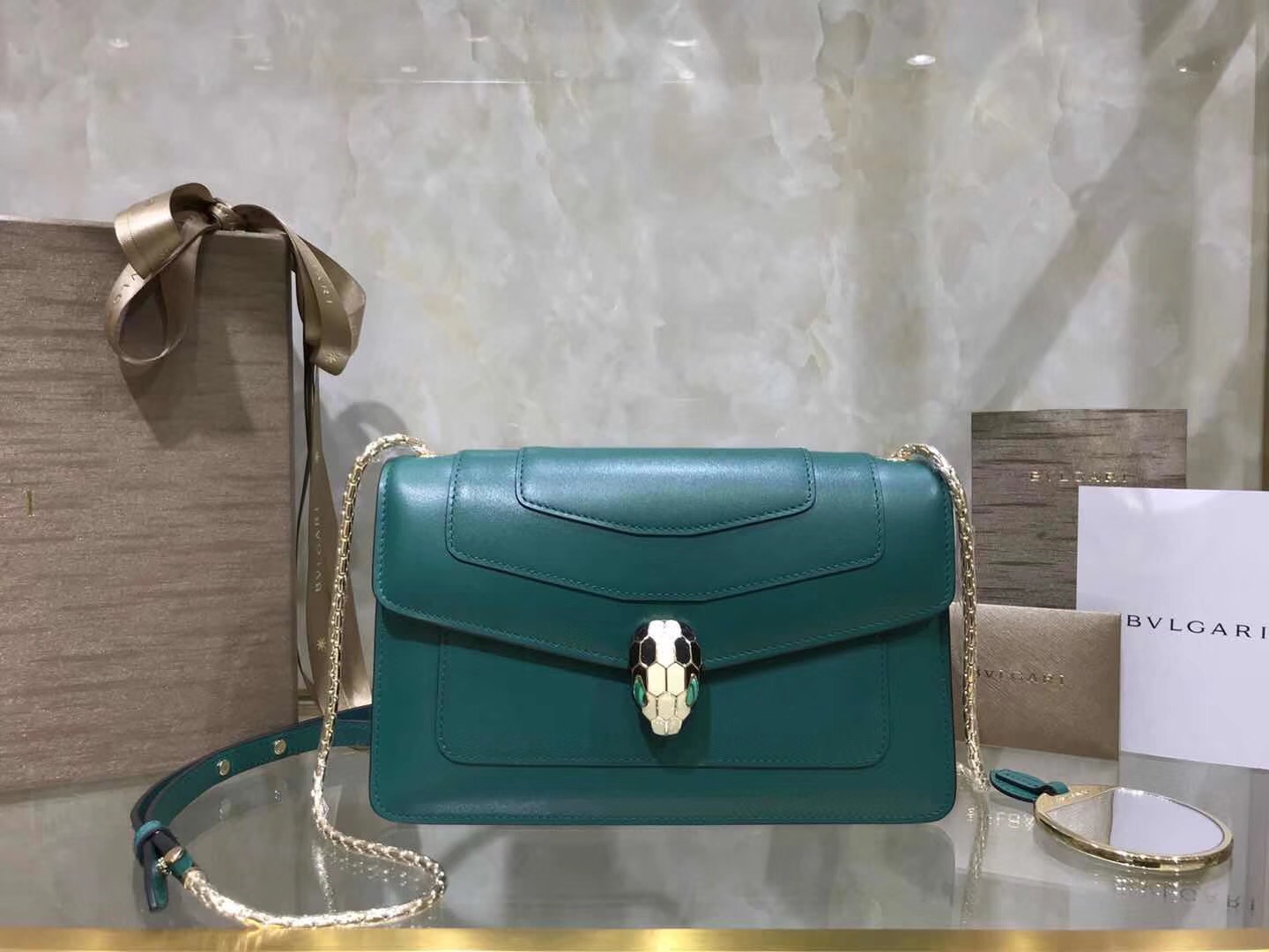 Bv1g*ai serpenti forever shoulder bag calfskin leater forest green 38102 22 x 13 x 6 cm