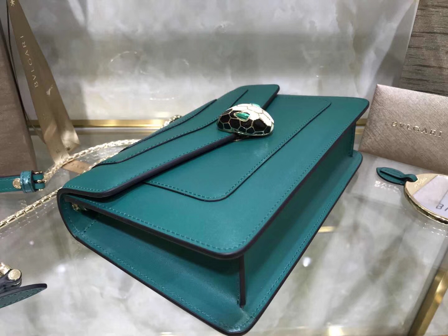 Bv1g*ai serpenti forever shoulder bag calfskin leater forest green 38102 22 x 13 x 6 cm