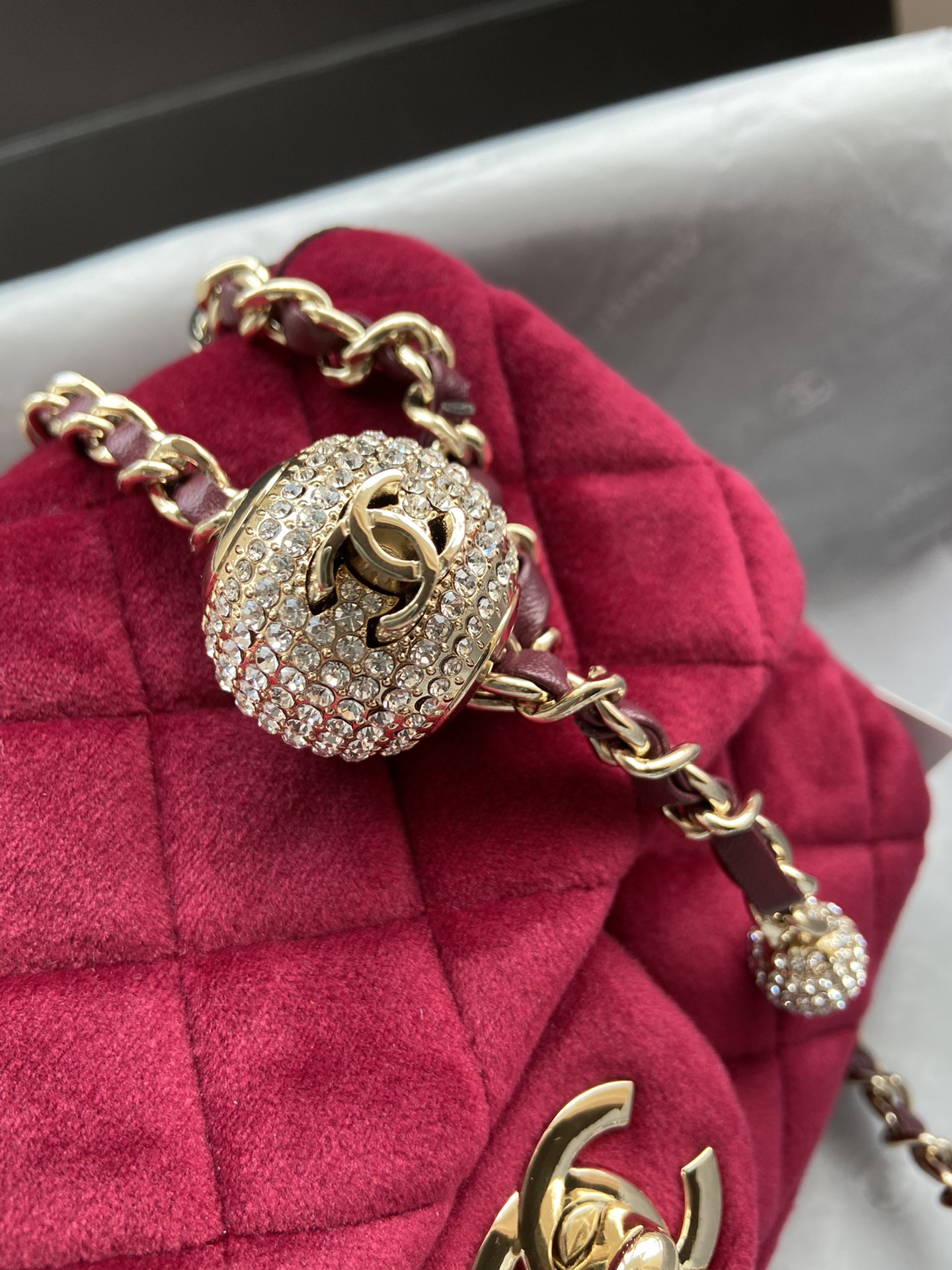 Ch**el small charm strap flap bag velvet rubine as1786 17 cm