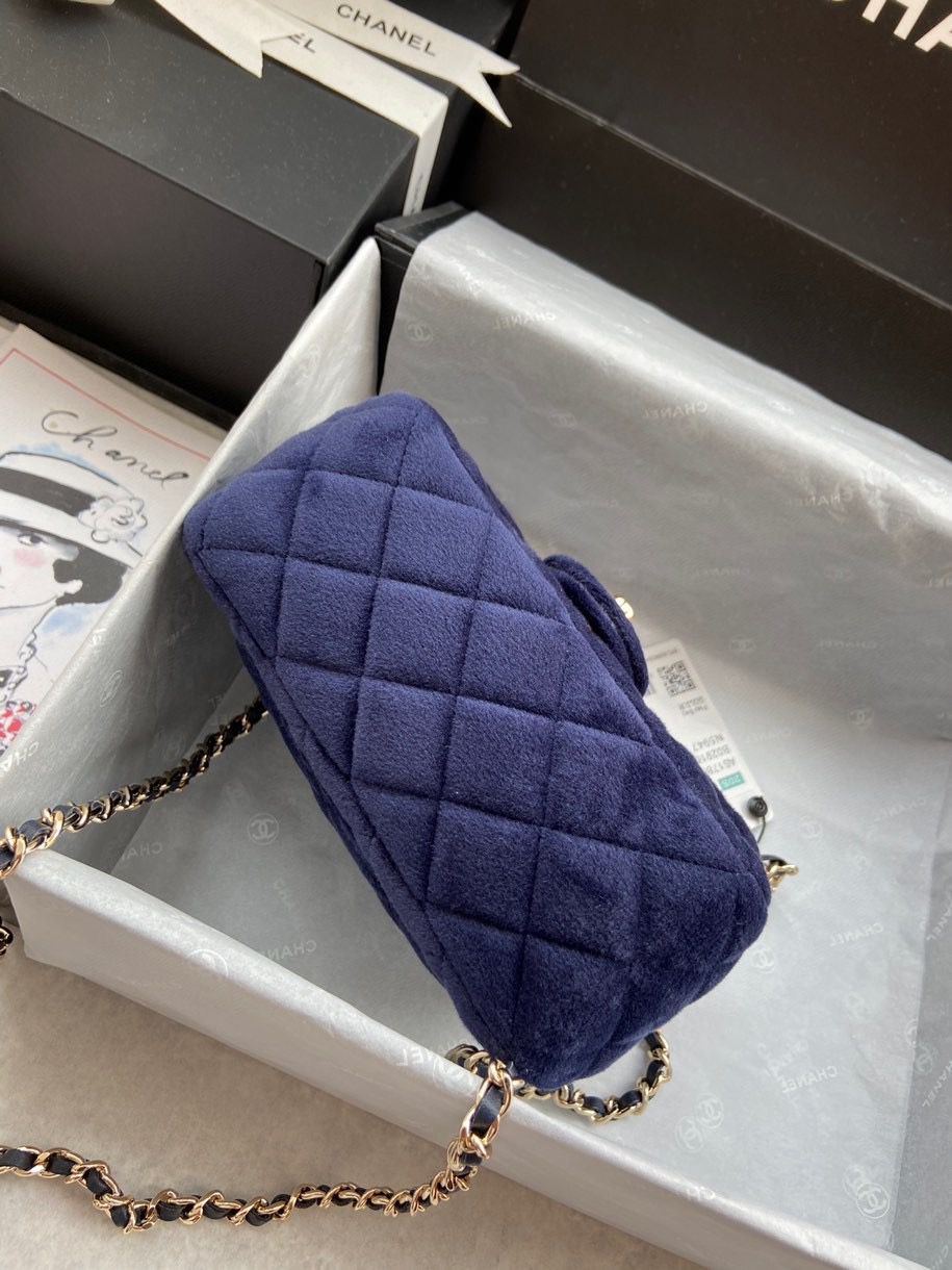 Ch**el small charm strap flap bag velvet navy as1786 17 cm