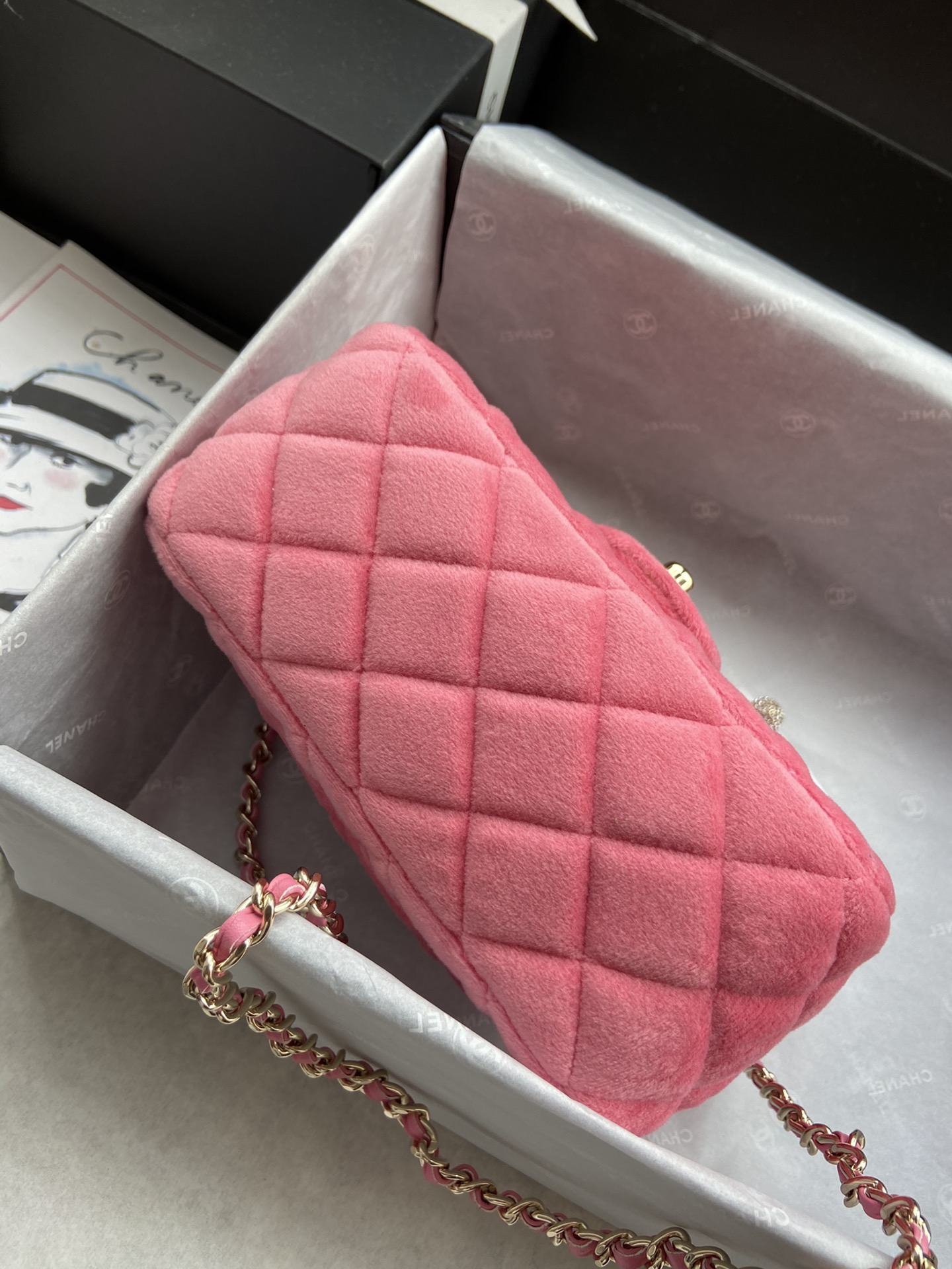 Ch**el small charm strap flap bag velvet pink as1786 17 cm