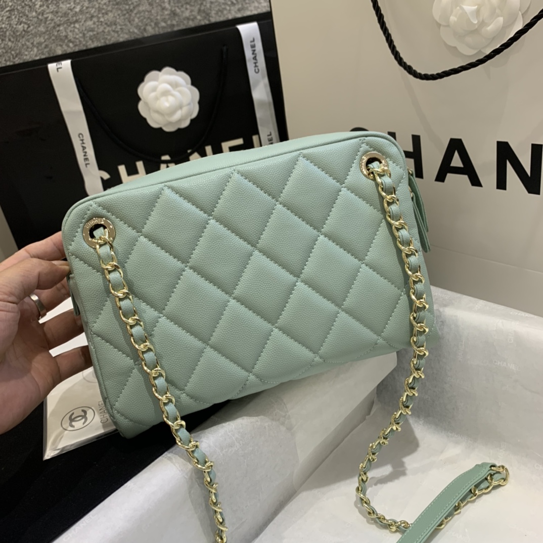 Ch**el camera case with extra clutch grained leather mint as1367 22 x 15 x 6 cm