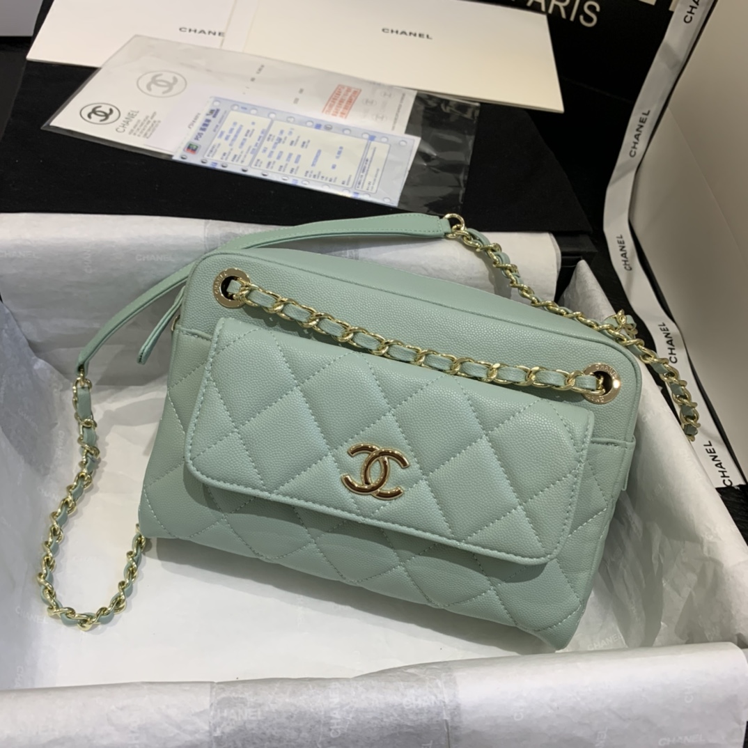 Ch**el camera case with extra clutch grained leather mint as1367 22 x 15 x 6 cm