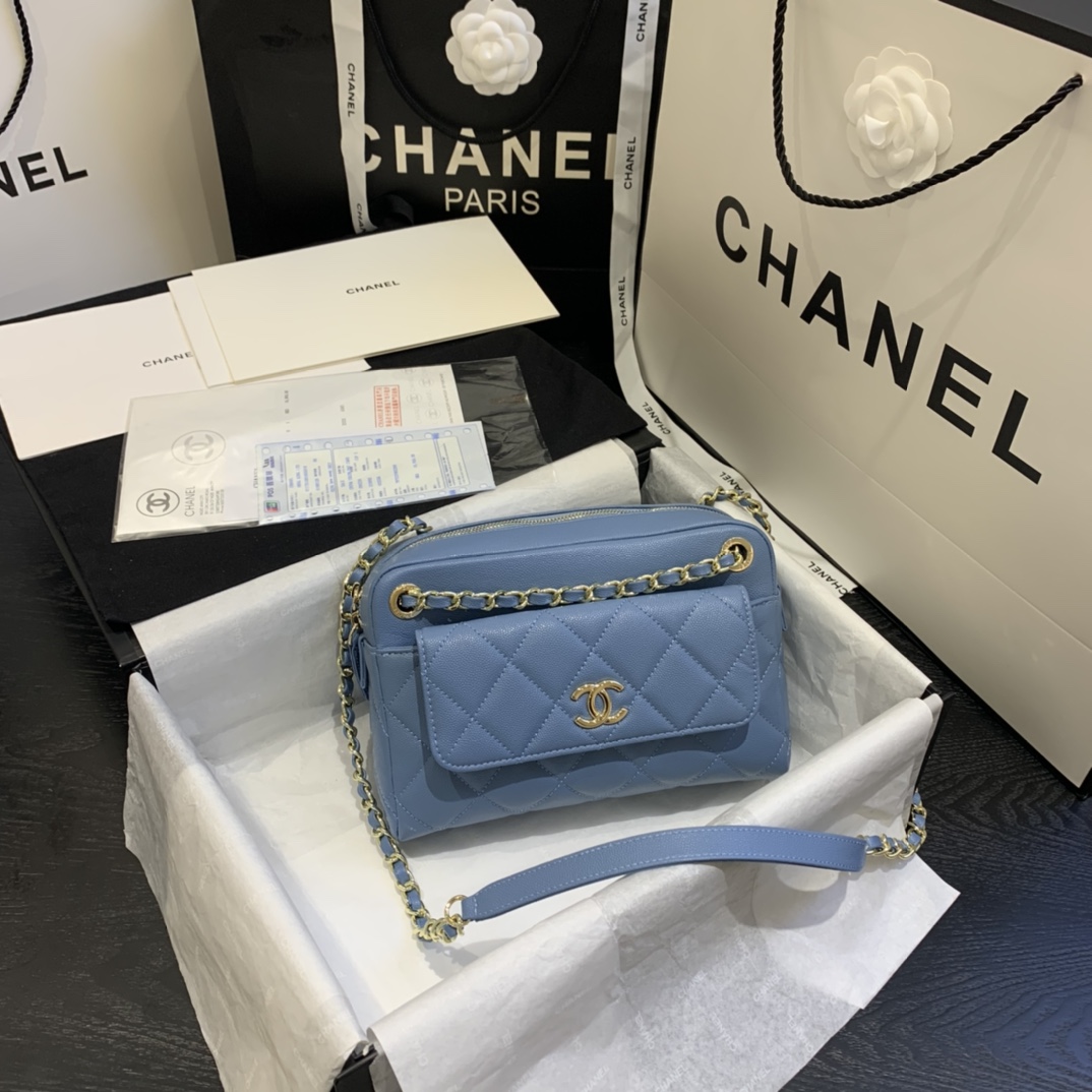 Ch**el camera case with extra clutch grained leather blue as1367 22 x 15 x 6 cm