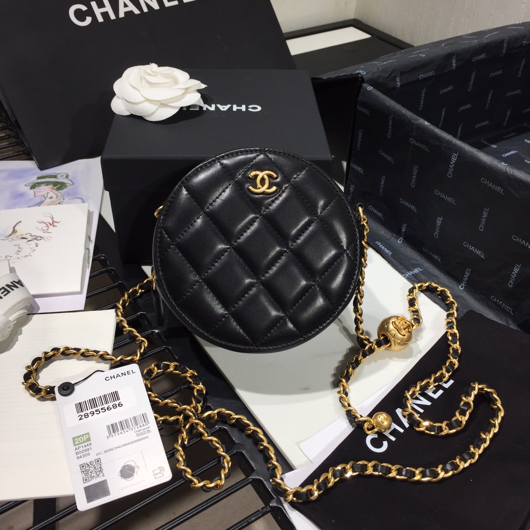 Ch**el round charm chain clutch leather black as1449 12 x 12 x 4.5 cm