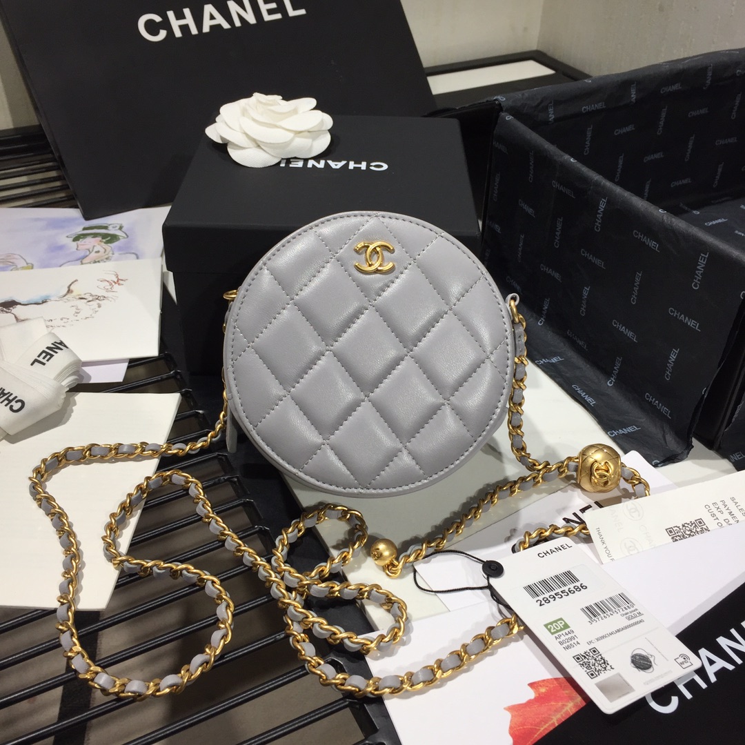Ch**el round charm chain clutch leather grey as1449 12 x 12 x 4.5 cm