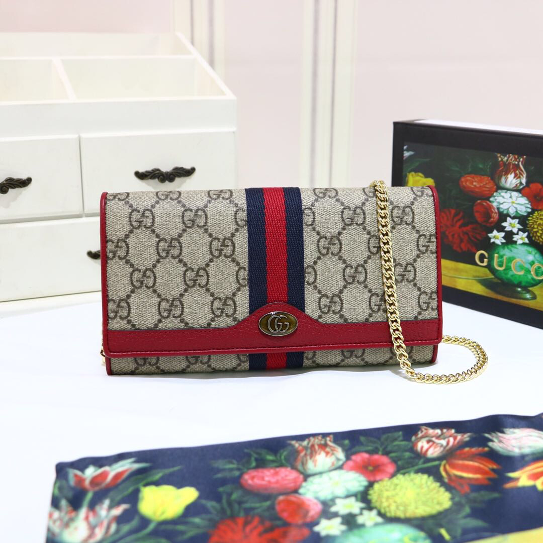 Gvc*1 ophidia gg chain wallet ebony gg svp*me canvas and red 546592 19 x 10 x  3.5 cm