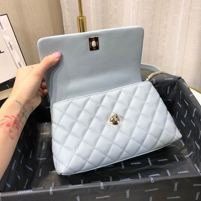 Ch**el mini coco grained calfskin with handle sky blue a92990 23.5 x 13.75 x 9.75 cm