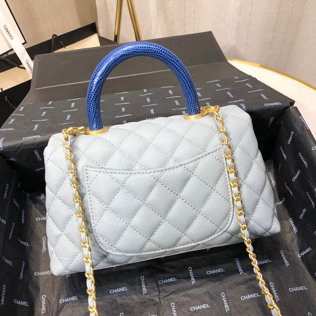 Ch**el mini coco grained calfskin with handle light blue a92990 23.5 x 13.75 x 9.75 cm