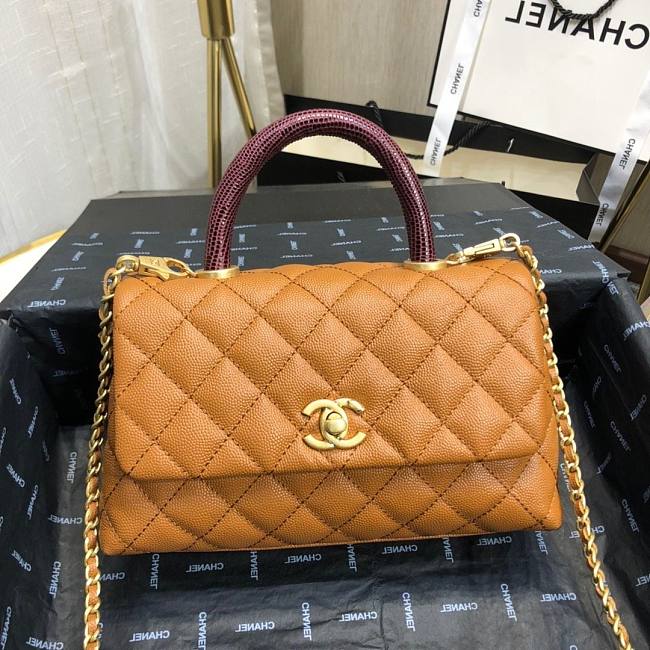 Ch**el mini coco grained calfskin with handle caramel a92990 23.5 x 13.75 x 9.75 cm