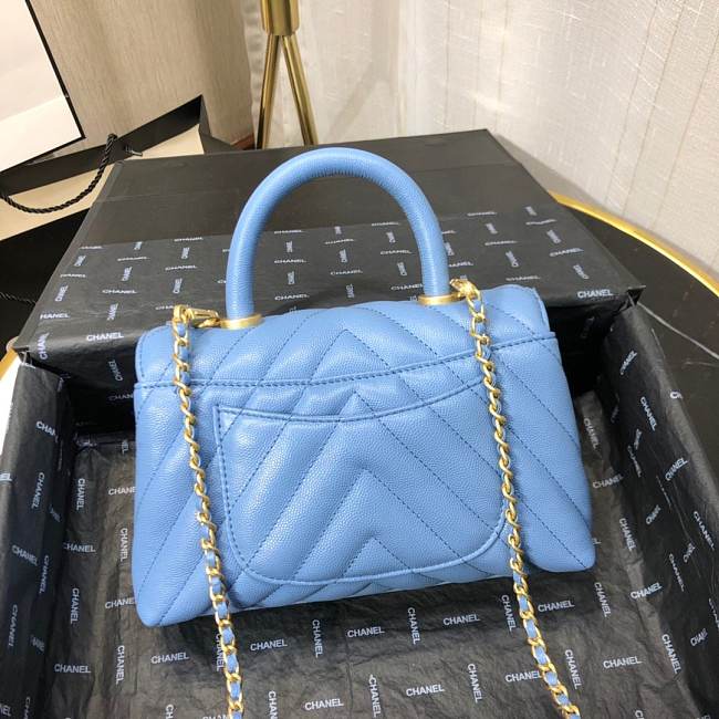 Ch**el mini coco grained calfskin v quilting flap bag blue a92990 23.5 x 13.75 x 9.75 cm