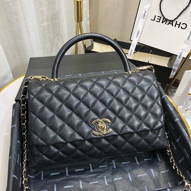 Ch**el small coco grained calfskin with top handle flap bag black a92991 28.5 x 18.25 x 11.75 cm