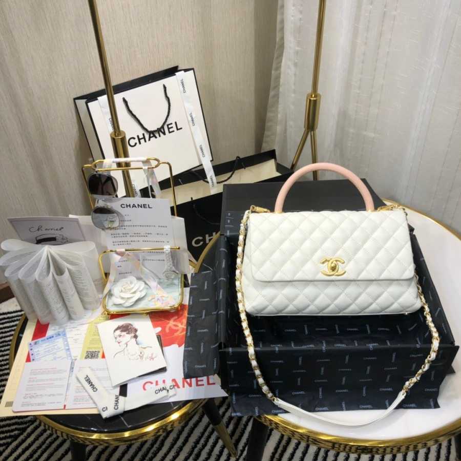 Ch**el small coco grained calfskin with top handle flap bag white a92991 28.5 x 18.25 x 11.75 cm