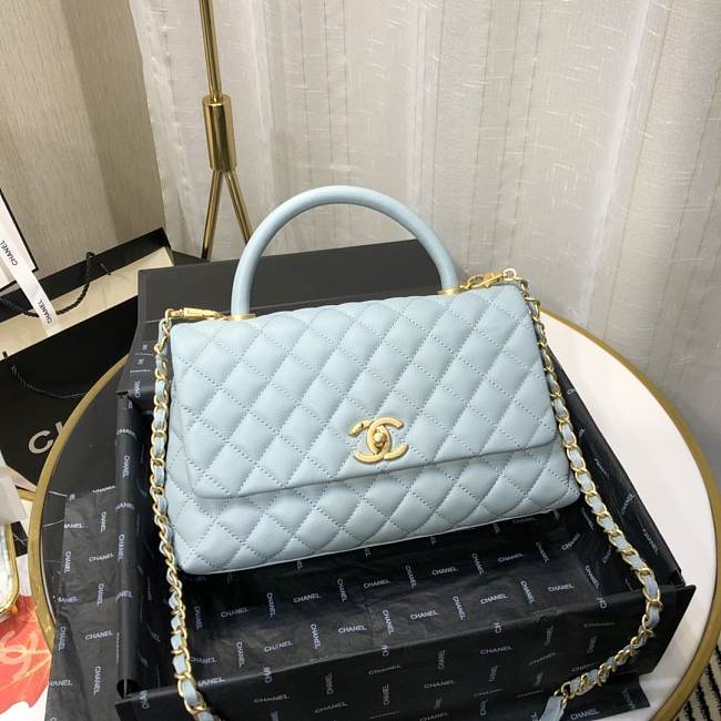 Ch**el small coco grained calfskin with top handle flap bag light blue a92991 28.5 x 18.25 x 11.75 cm