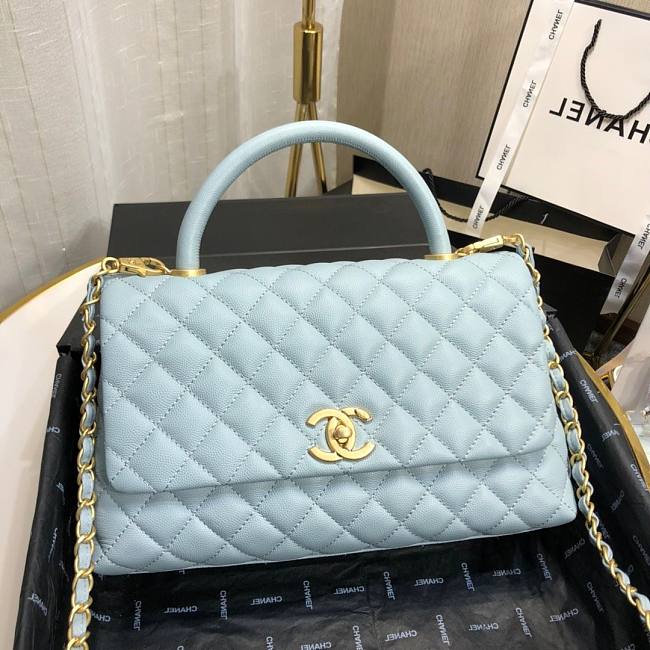 Ch**el small coco grained calfskin with top handle flap bag light blue a92991 28.5 x 18.25 x 11.75 cm