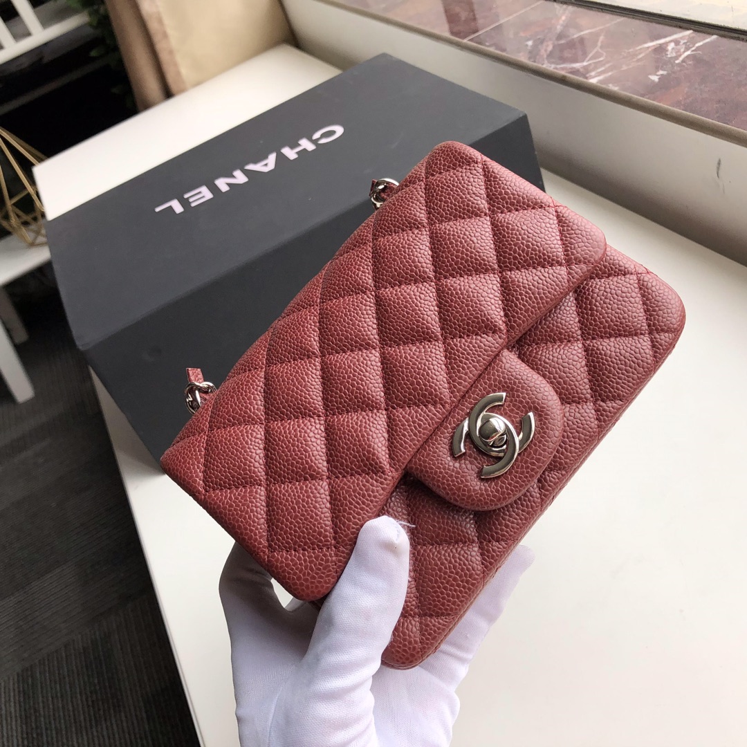 Ch**el mini flap bag caviar silver metal burgundy a35200 17cm