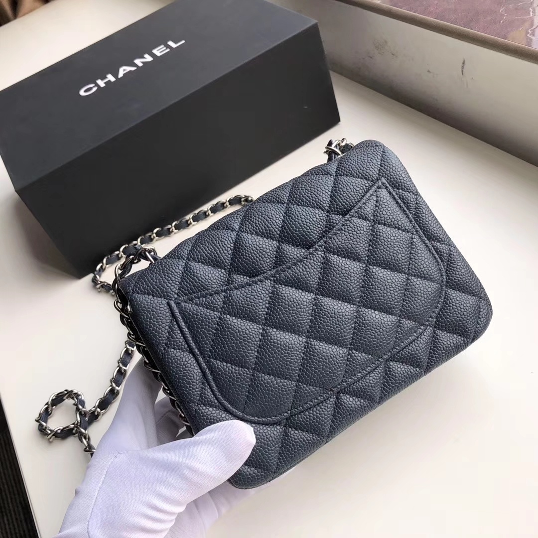 Ch**el mini flap bag caviar silver metal dark blue a35200 17cm