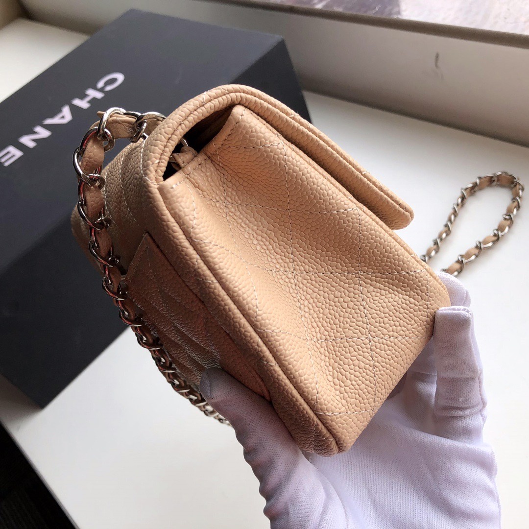 Ch**el mini flap bag caviar silver metal beige a35200 17cm