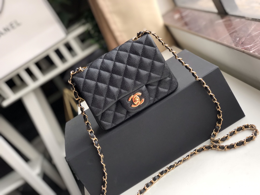 ch**el mini flap bag caviar G01den metal black a35200 17cm