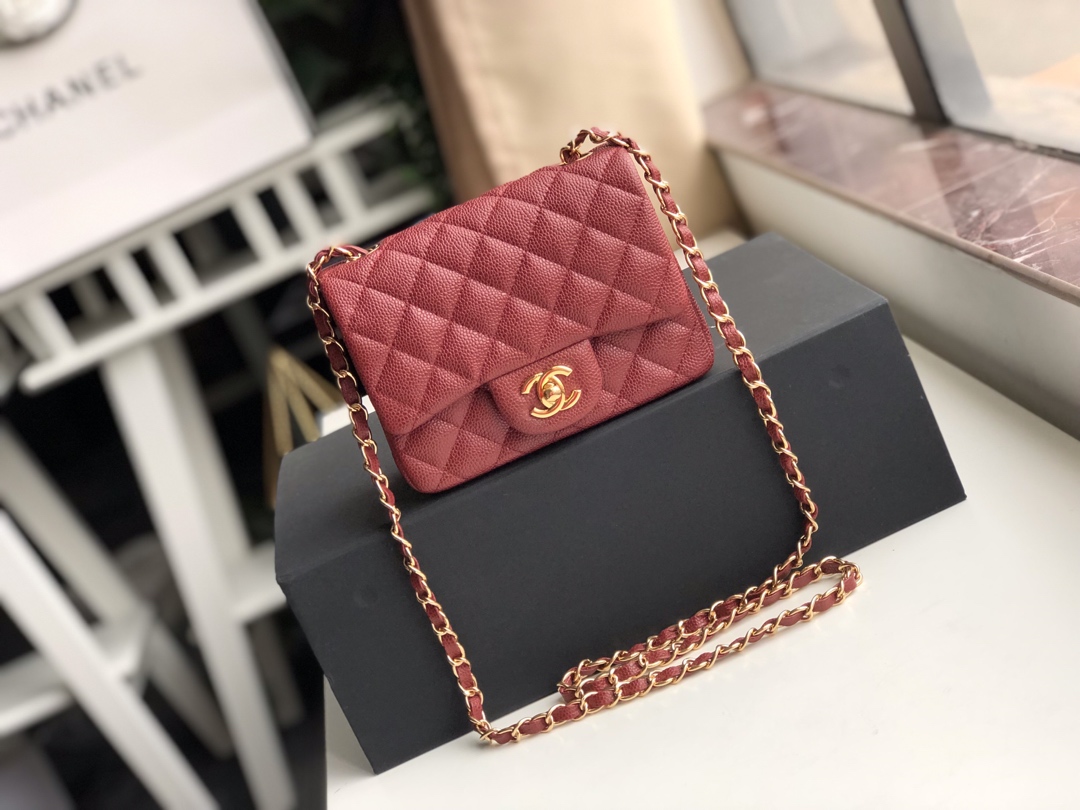 ch**el mini flap bag caviar G01den metal burgundy a35200 17cm