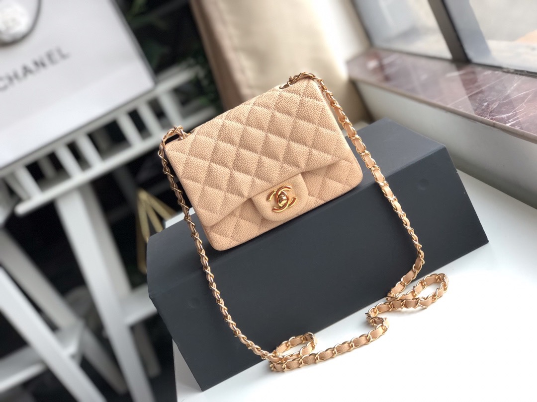 ch**el mini flap bag caviar G01den metal beige a35200 17cm