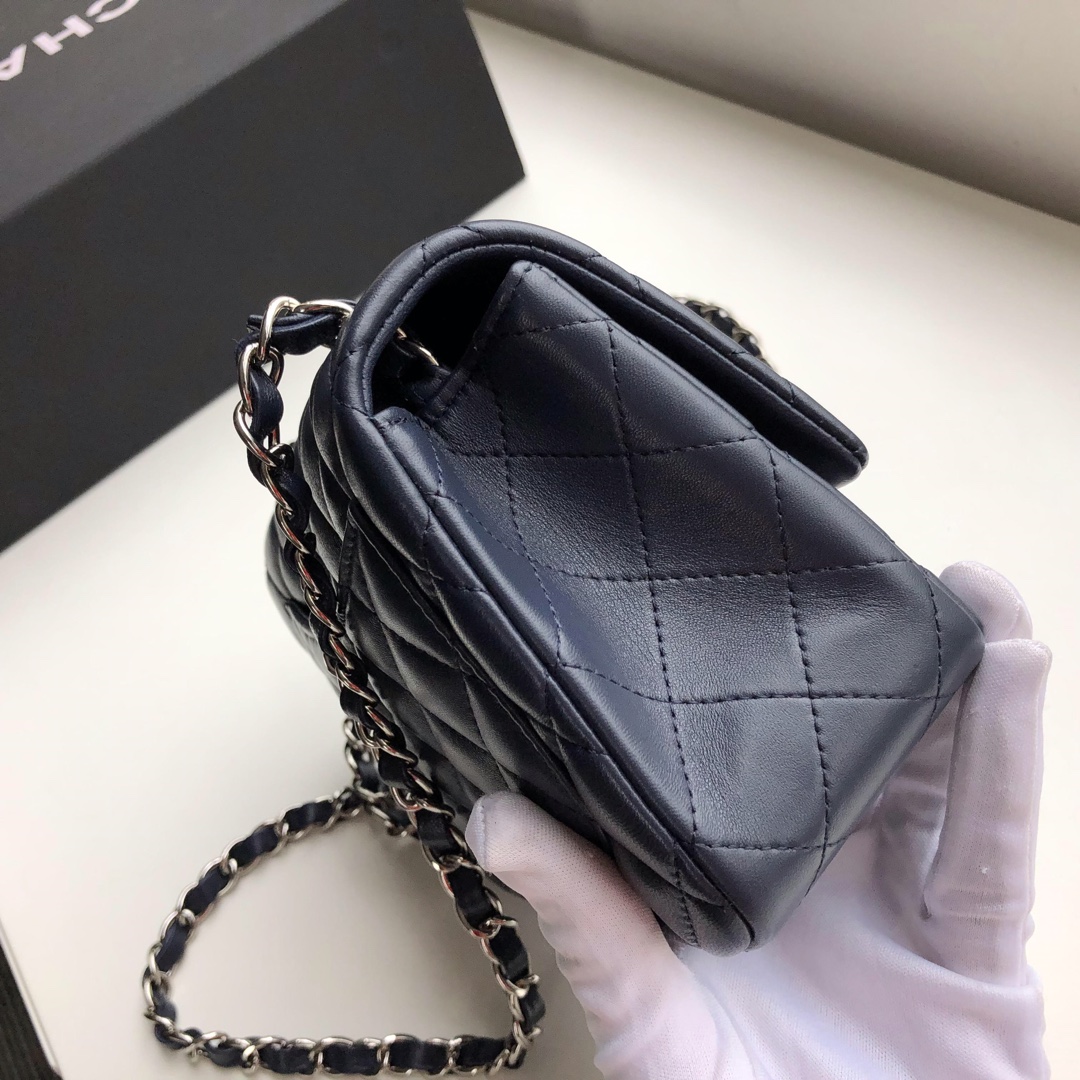 Ch**el mini flap bag lambskin silver metal dark blue a35200 17cm