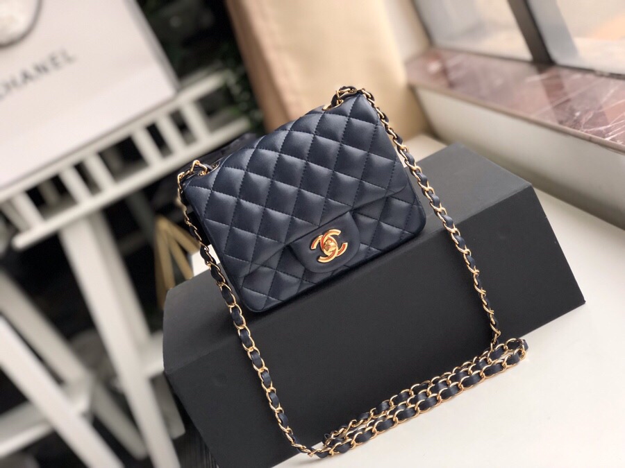 ch**el mini flap bag lambskin G01den metal dark blue a35200 17cm