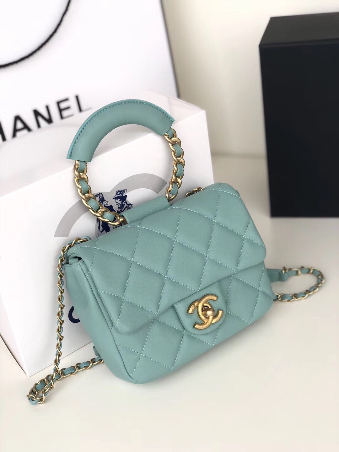 Ch**el small circular handle bag lambskin blue as1357 20 x 18 x 7.5 cm