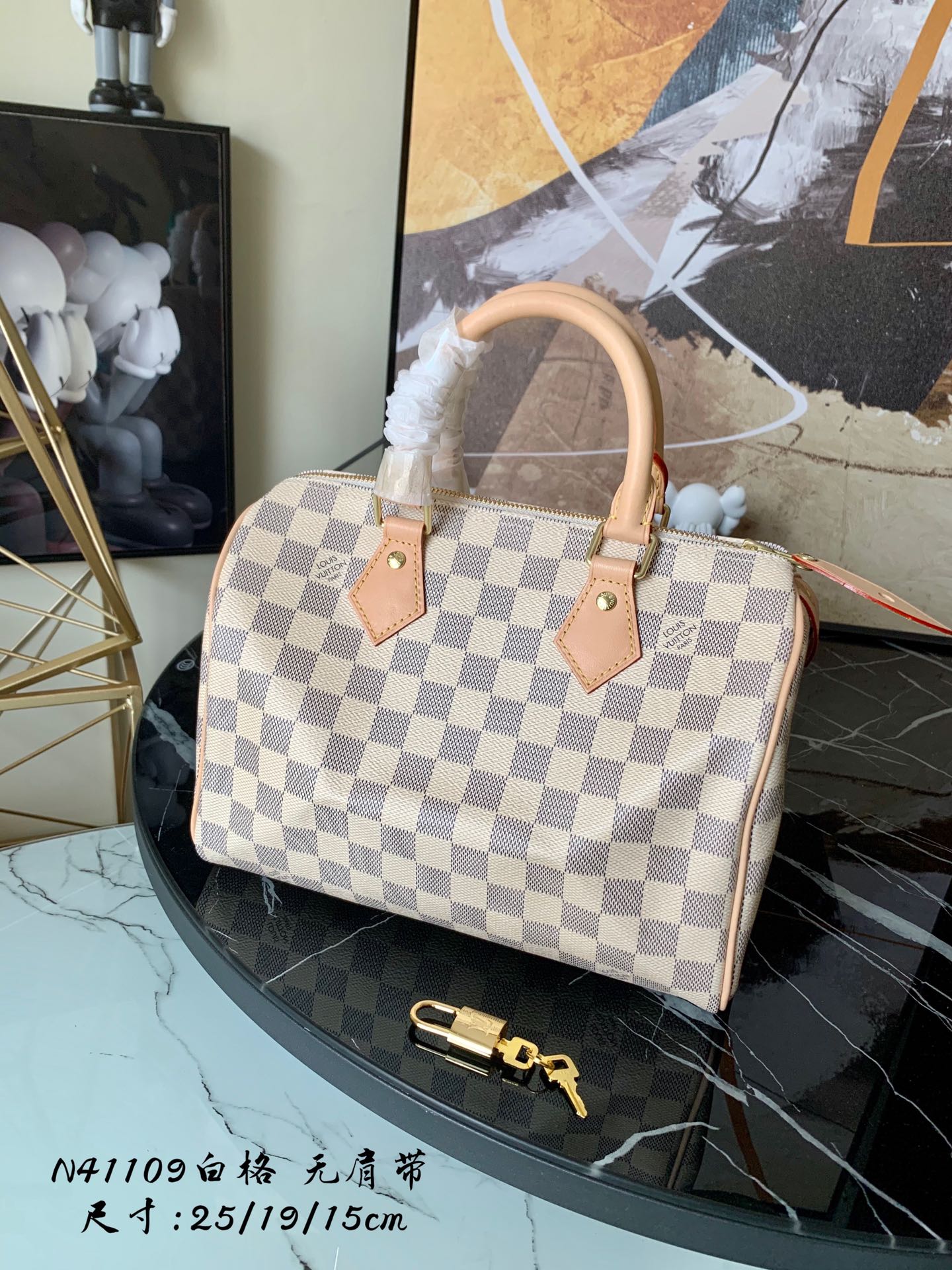 l0vis Vvtt0n speedy 25 damier azur canvas white n41371 25 x 19 x 15 cm