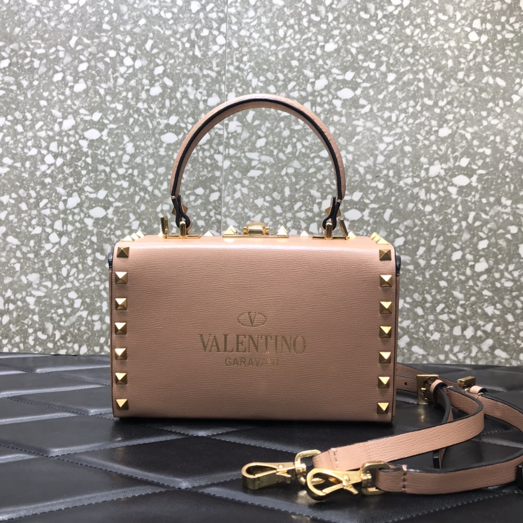 Va1e*ntin0 rockstud alcove grainy calfskin box bag rose cannelle ww2b0j73wax 19 x 12 x 8 cm