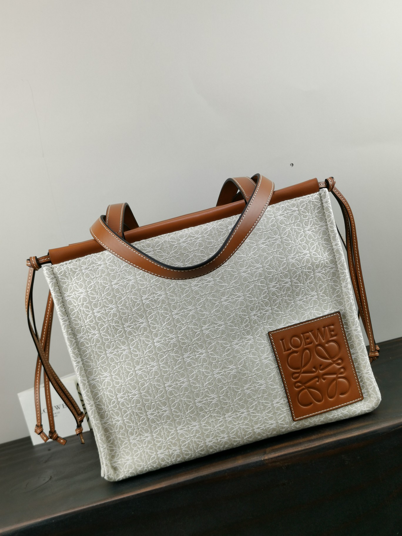 L0ew* small cushion tote anagram jacquard and calfskin tan a612a93x25 32 x 24 x 16 cm