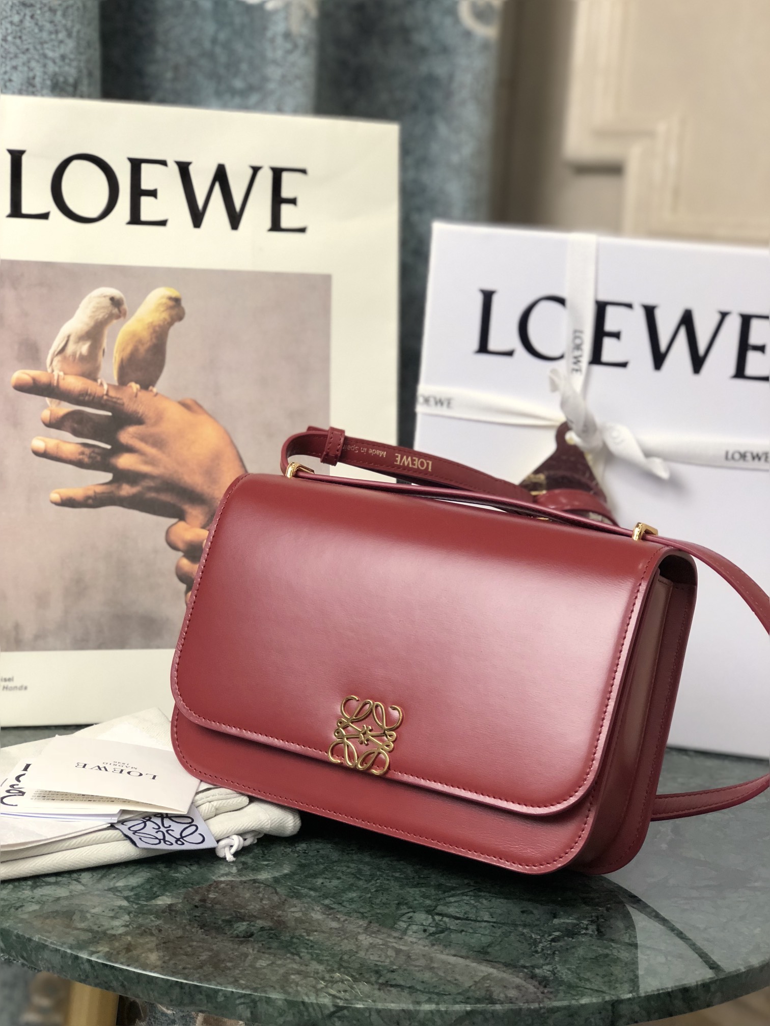 L0ew* medium goya bag silk calfskin deep red a896n01x03 23 x 15 x 6.5 cm
