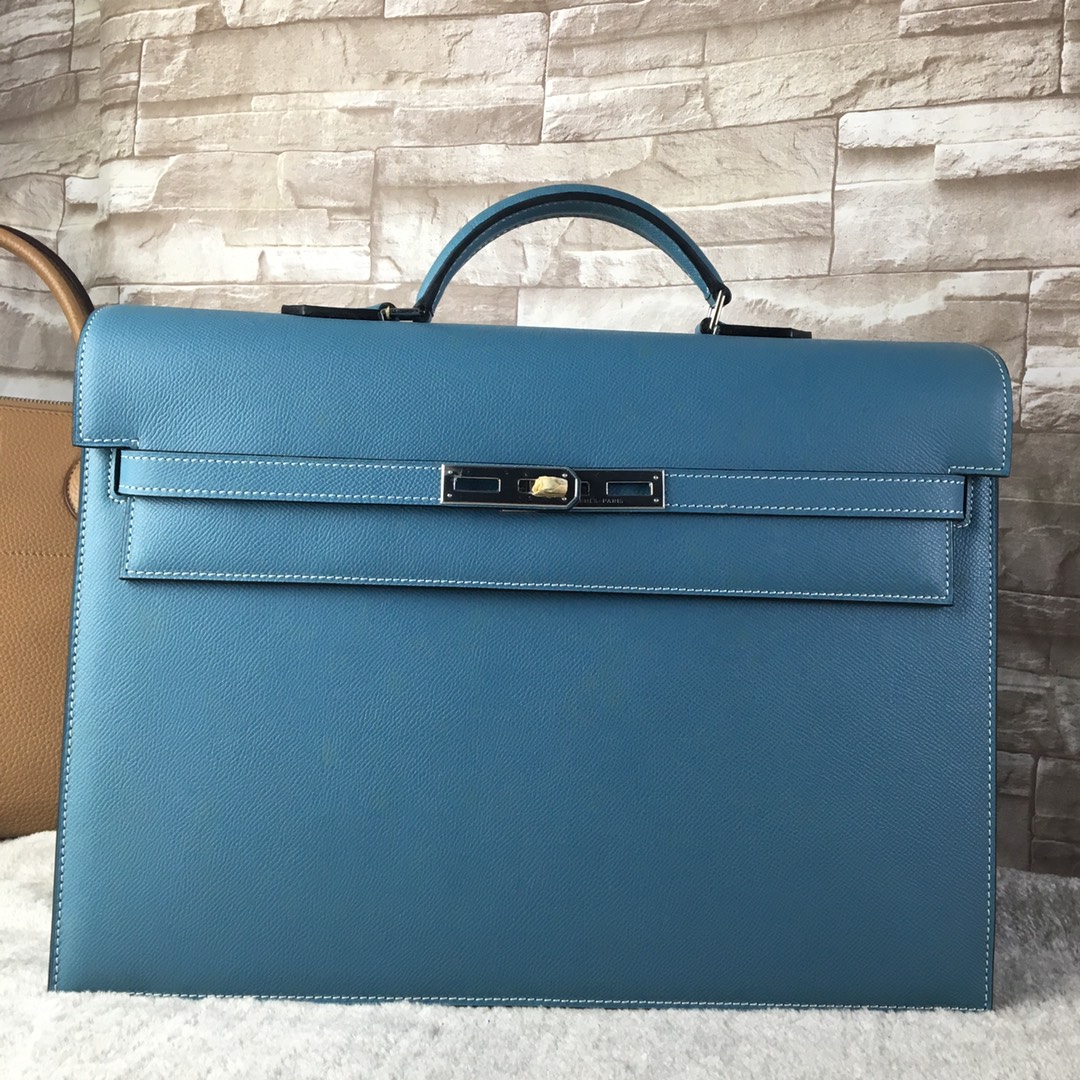 H**me5 kelly depeche briefcase epsom gold hardware blue 38 cm