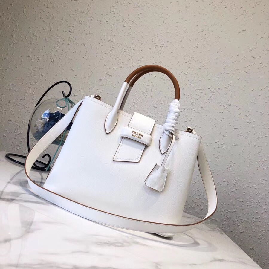 Pra*a top handle tote bag leather white/brown 1bg148 33 × 24 × 14.5 cm